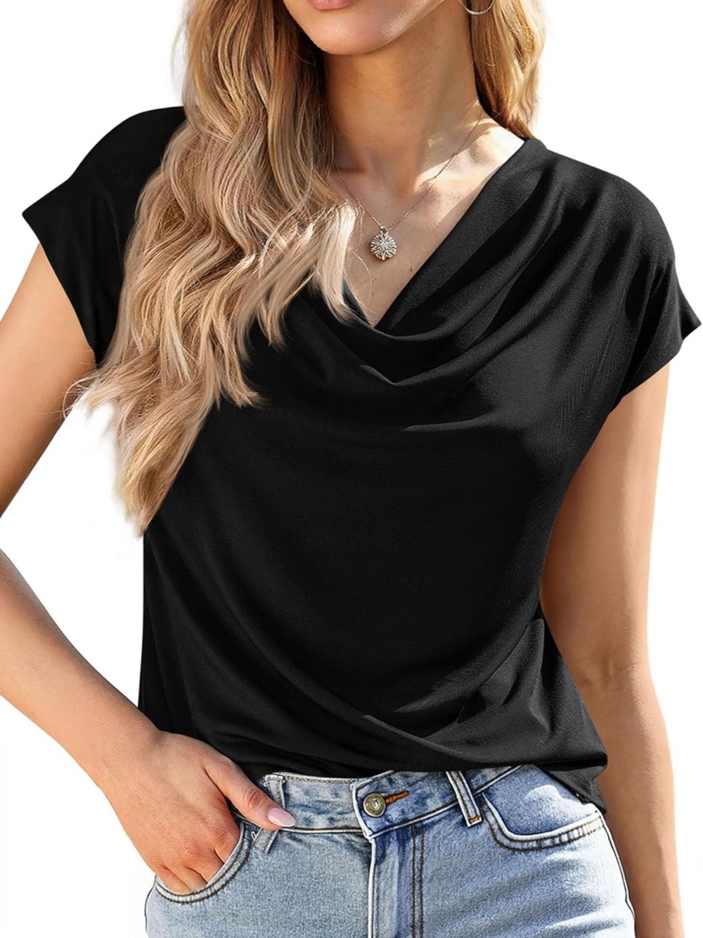 PRETTYGARDEN Summer Cowl Neck Short Sleeve Blouse. Size S